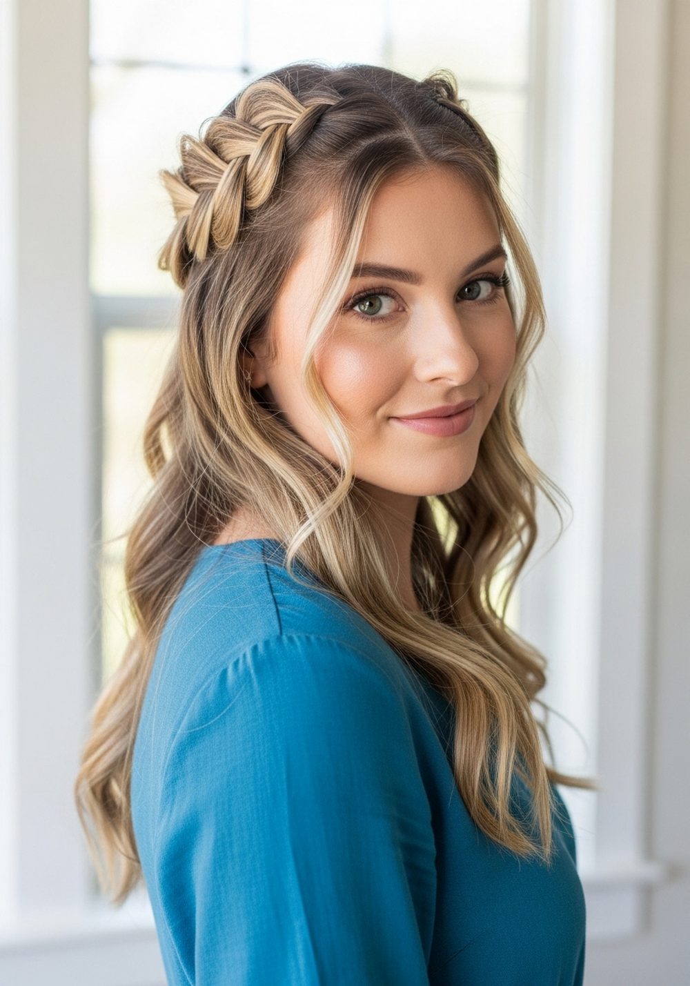 Smocked Waist Maxi With Wavy Crown Braid Hairstyle