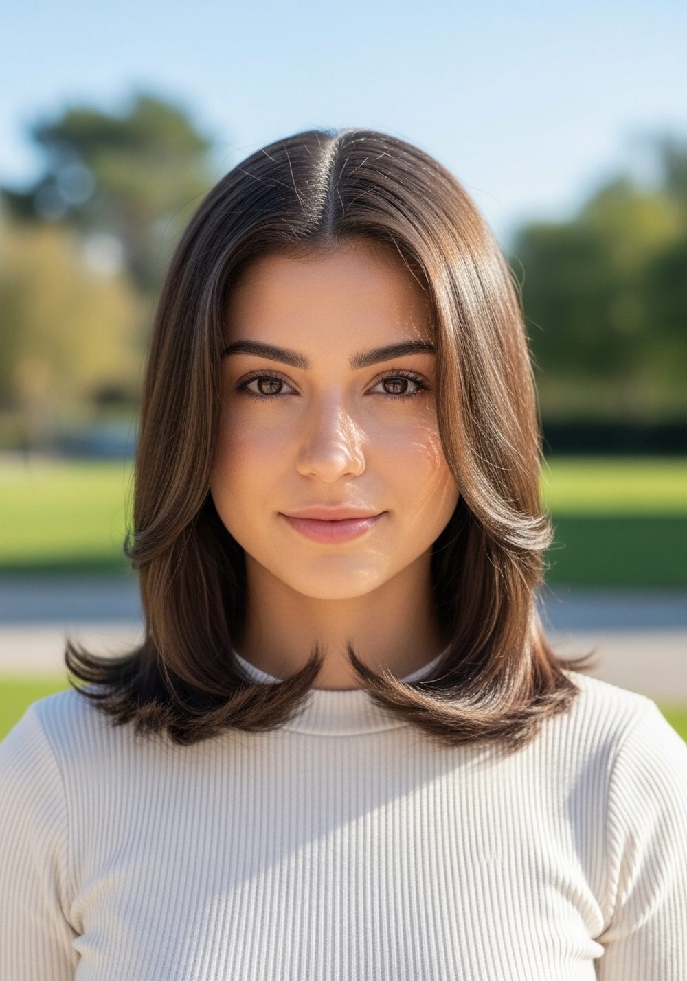 Smooth Tucked-In Feathered Collarbone Layers Hairstyle