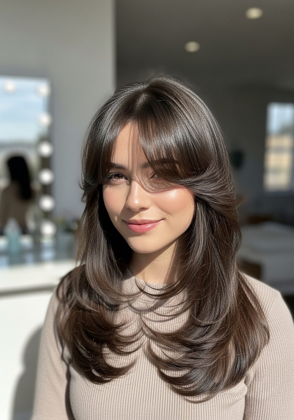 Soft Airy U-Bangs With Feathered Long Layer Hairstyle
