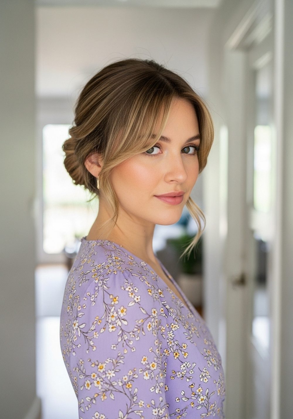 Soft Bun With Face-Framing Curtain Bangs Hairstyle