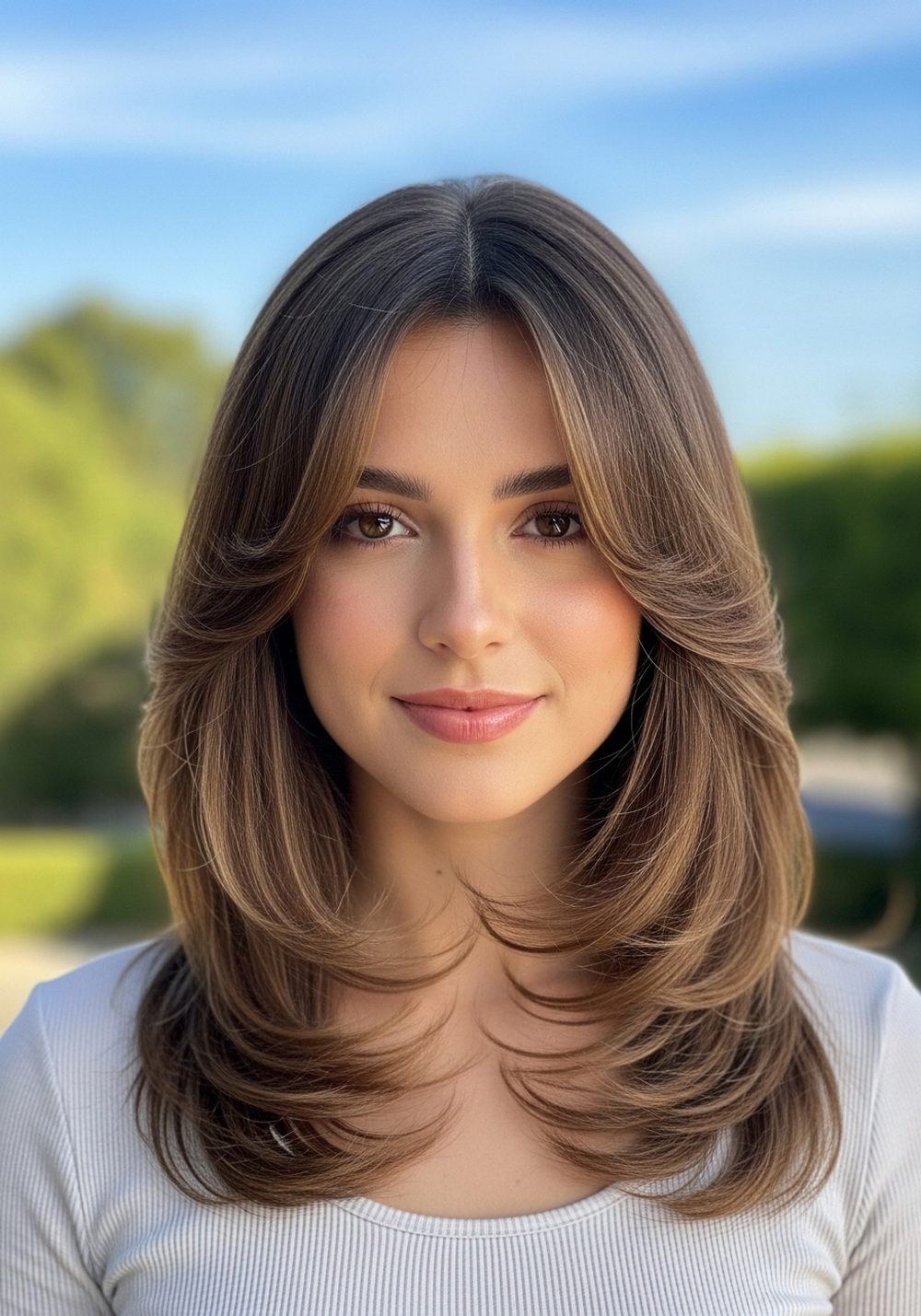 Soft Center-Part Butterfly Bangs With Long Layers Hairstyle