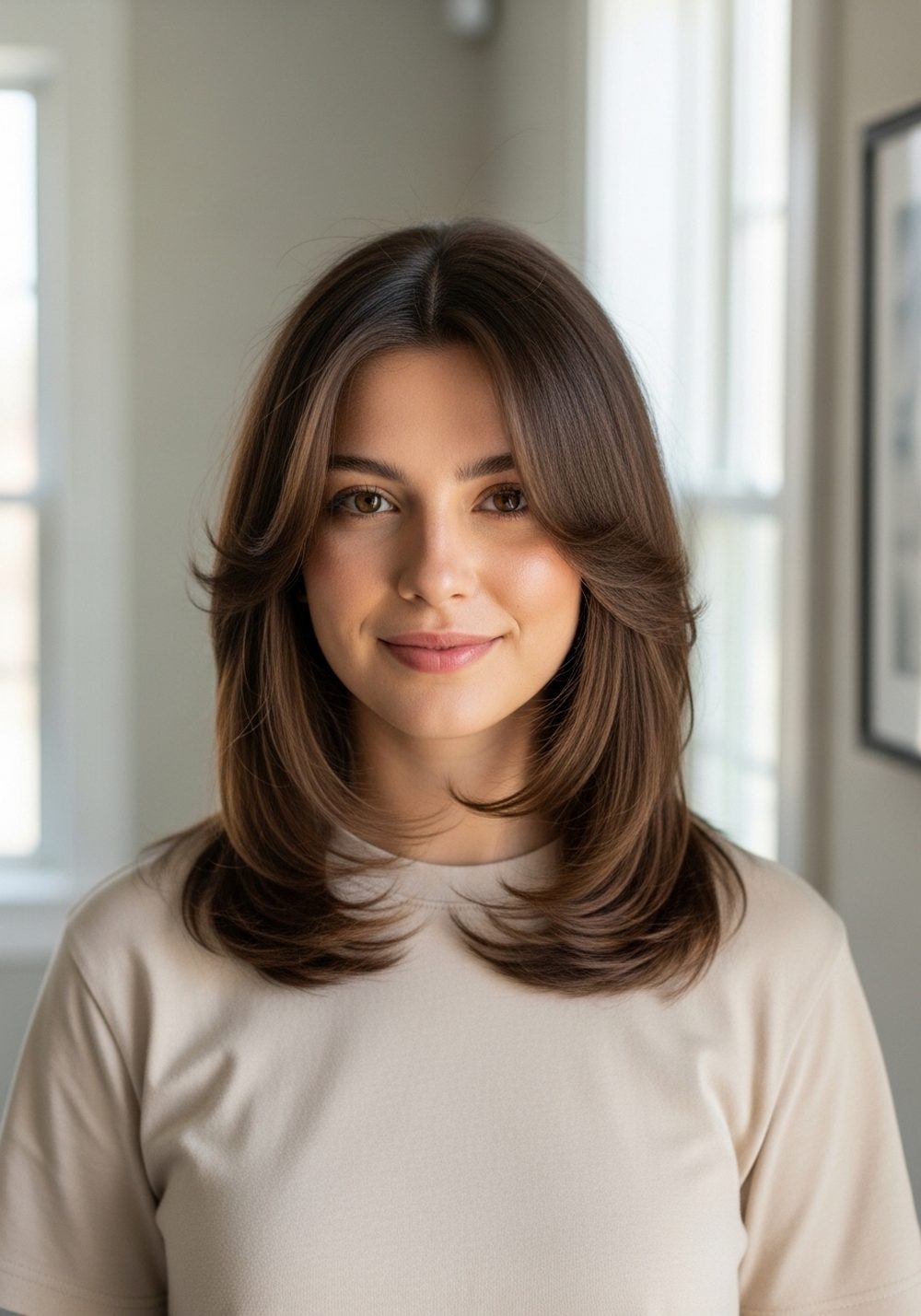 Soft Center-Part Feather Front Layer Hairstyle