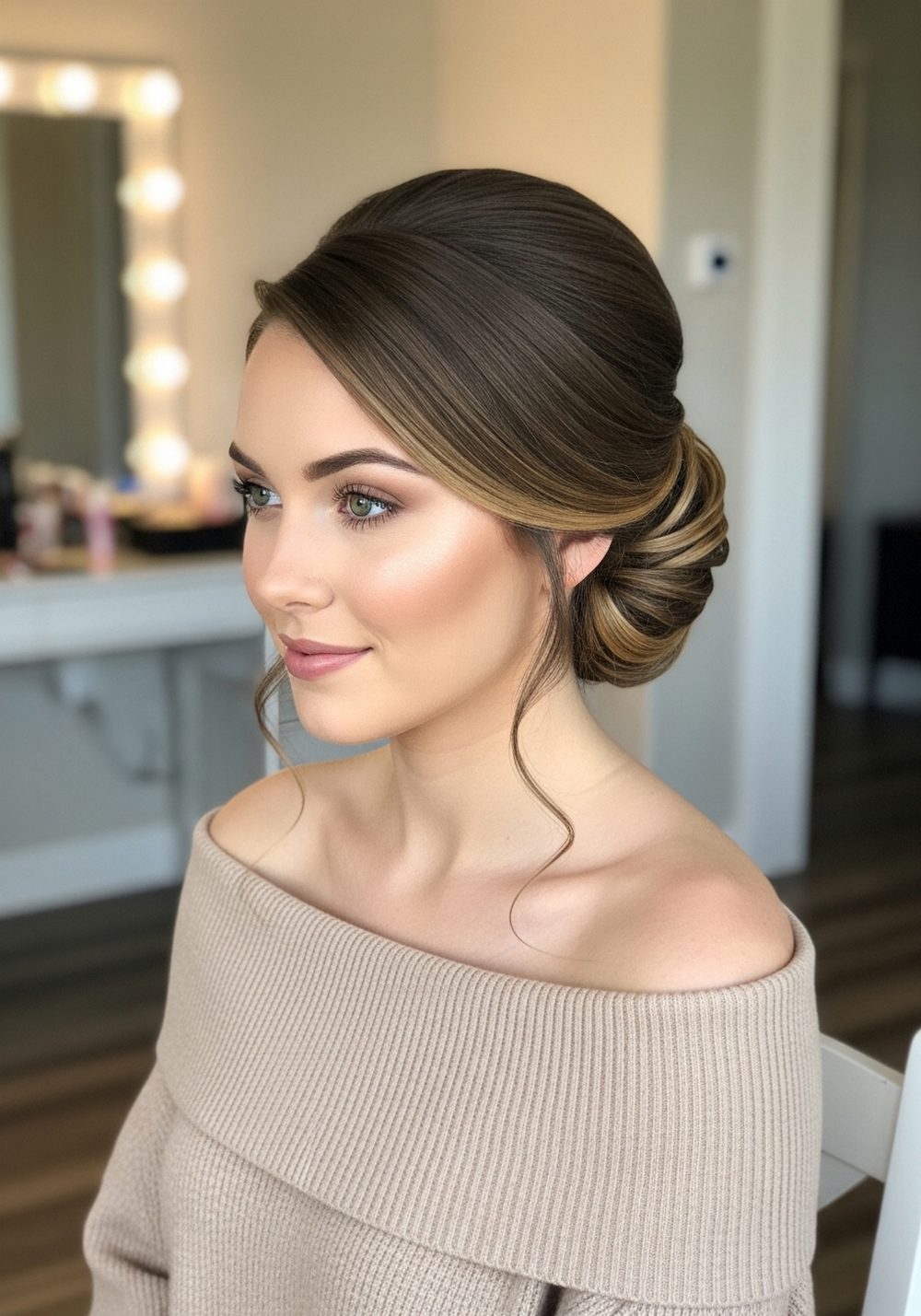 Soft Side Part Sleek Low Bun Hairstyle