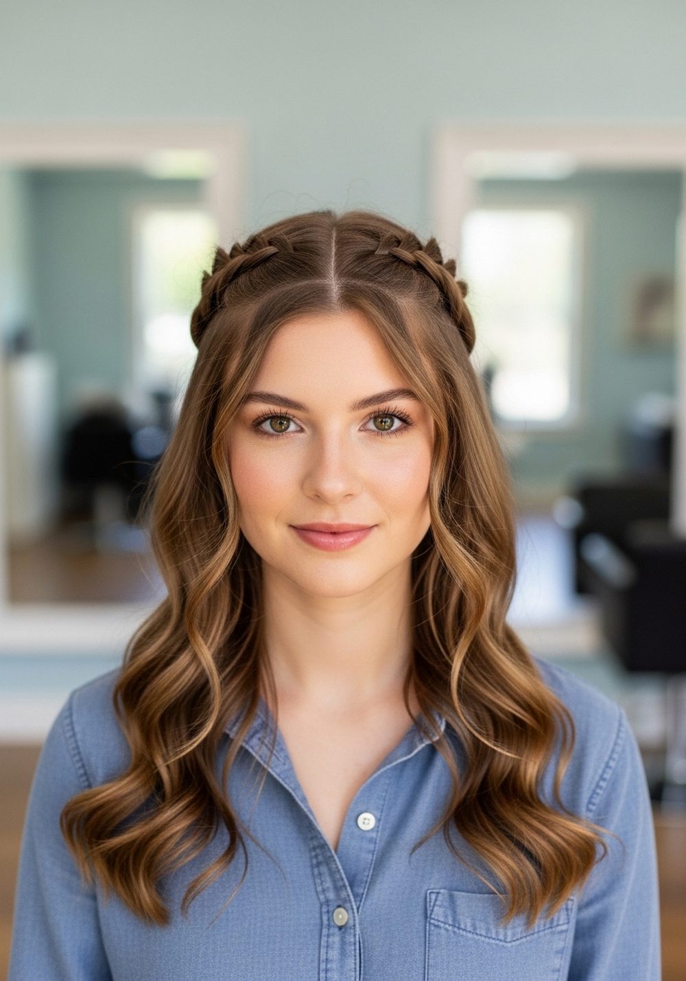 Twin Braid Crown Half-Up Waves Hairstyle
