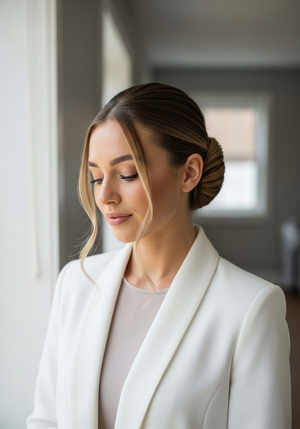 White Blazer Office Chic Sleek Low Bun Hairstyle