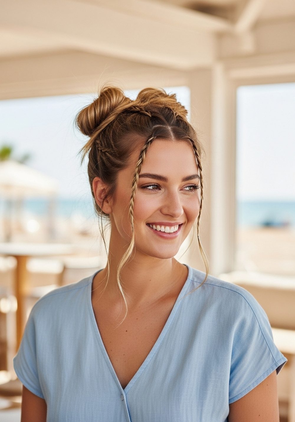 Braided Front Messy Double Buns Hairstyle