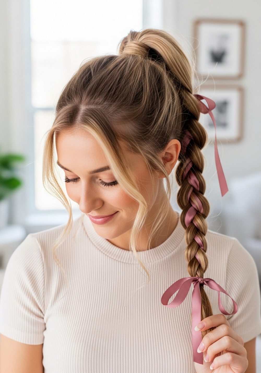 Braided Ribbon Ponytail Hairstyle