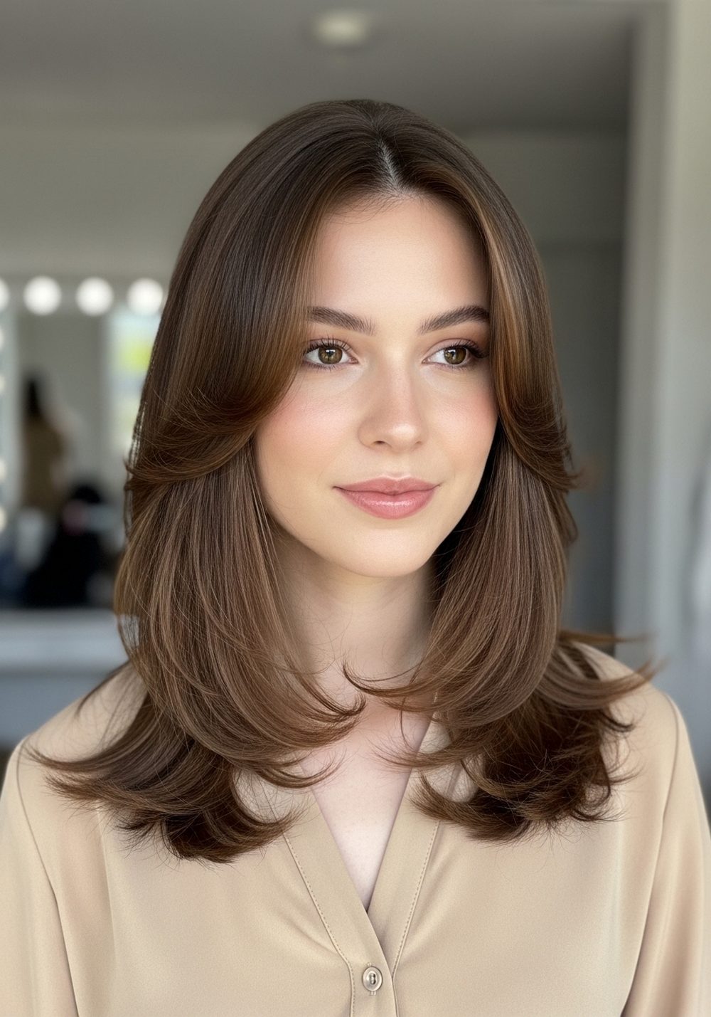 Chestnut Frame with Curtain Layers Hairstyle