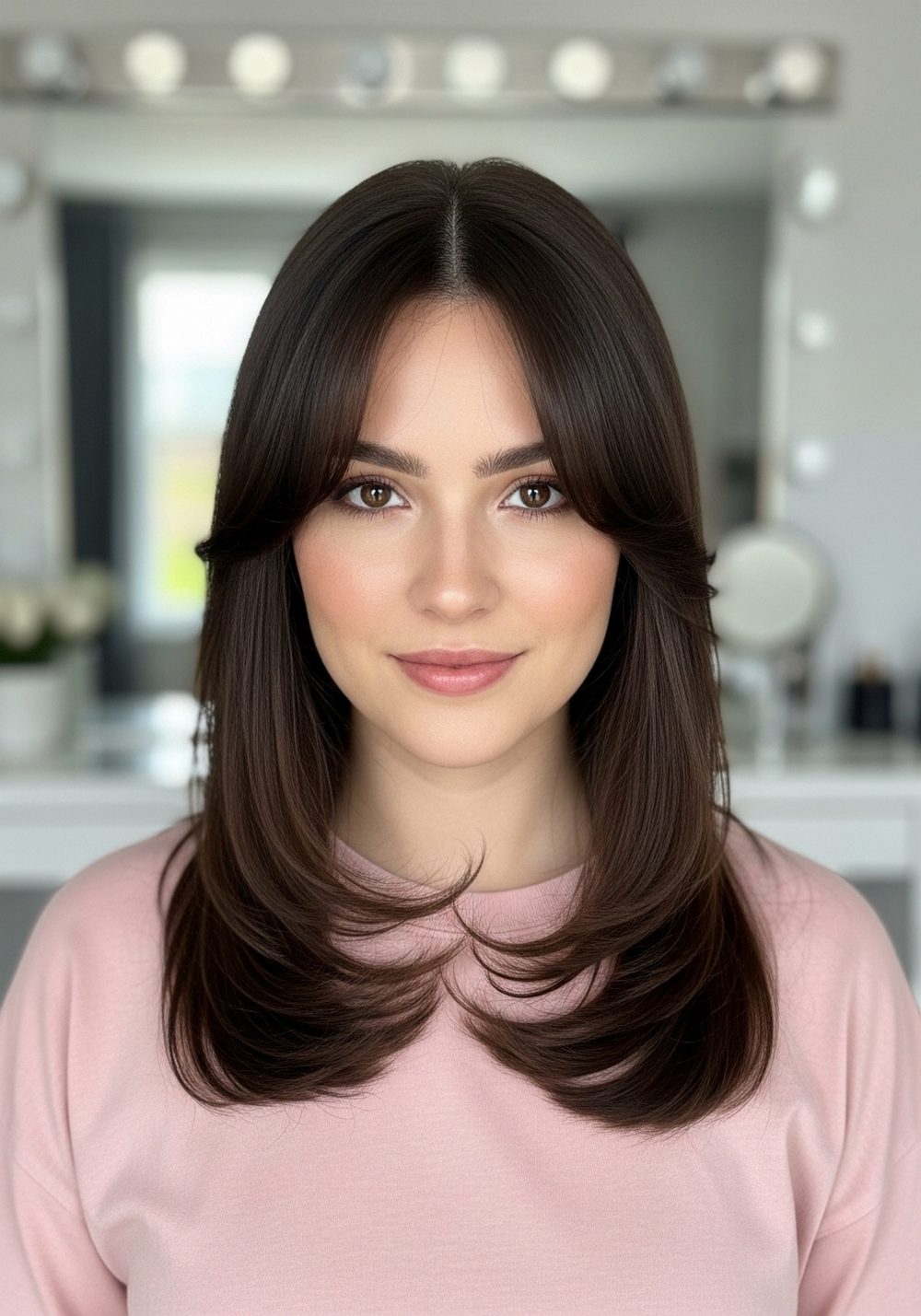 Curtain Fringe Espresso Brunette Hairstyle