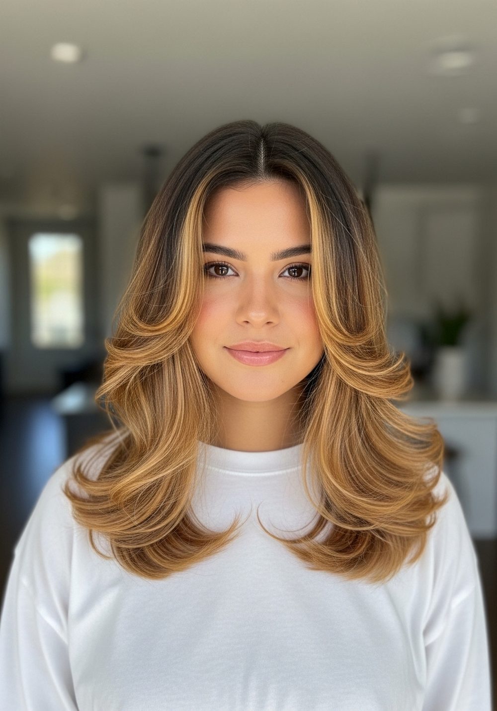 Dark Root Honey Blonde Blend Hairstyle