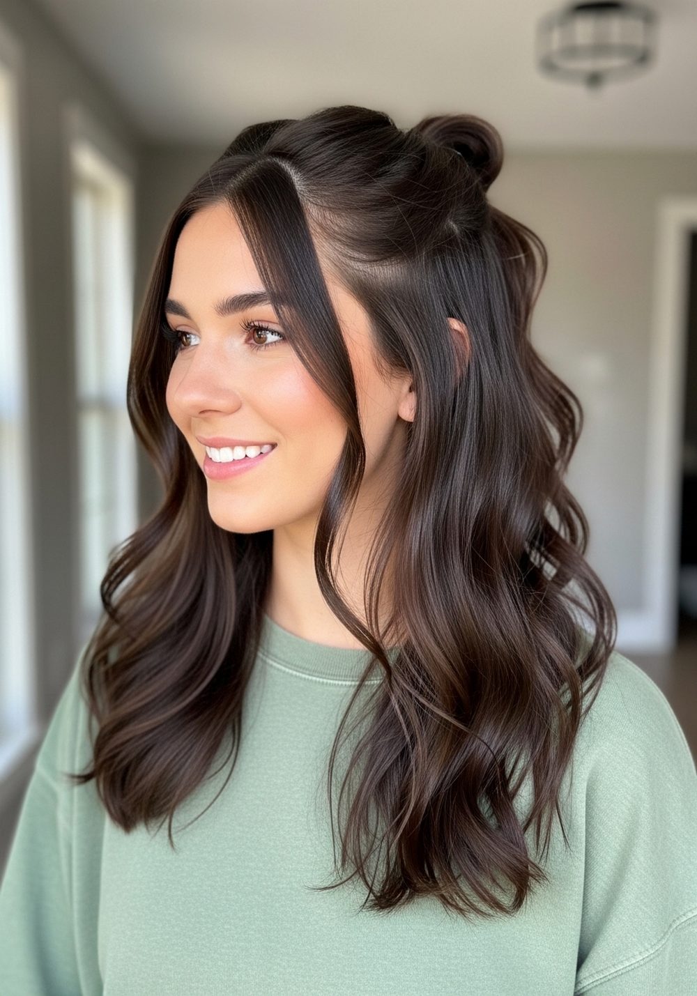 Half-Up Twist Espresso Brunette Hairstyle