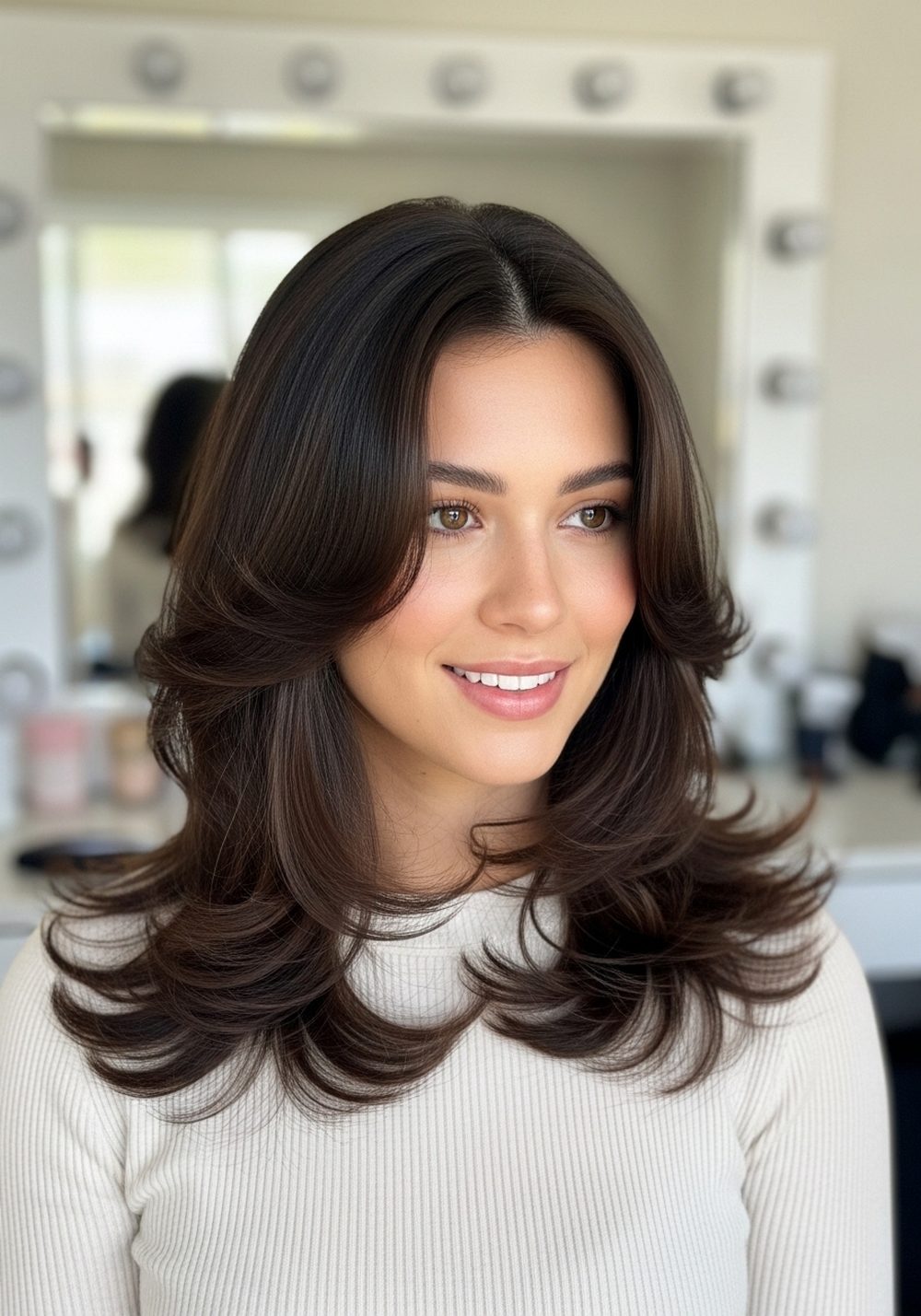 Layered Blowout Espresso Brunette Hairstyle