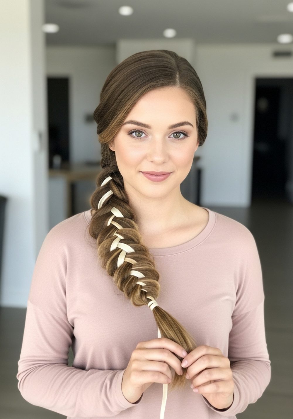 Low Ribbon Fishtail Braid Hairstyle