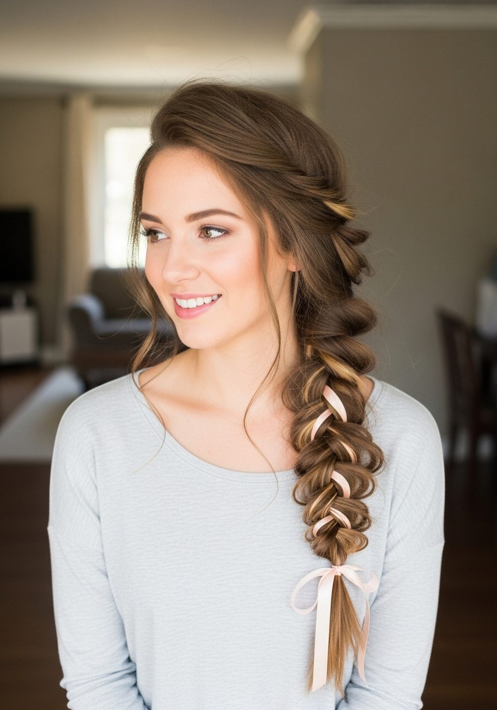 Messy Ribbon Pull-Through Braid Hairstyle