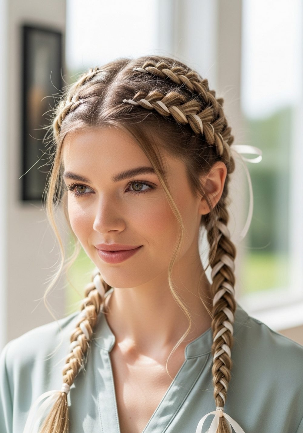 Ribbon Accent Milkmaid Braid Hairstyle