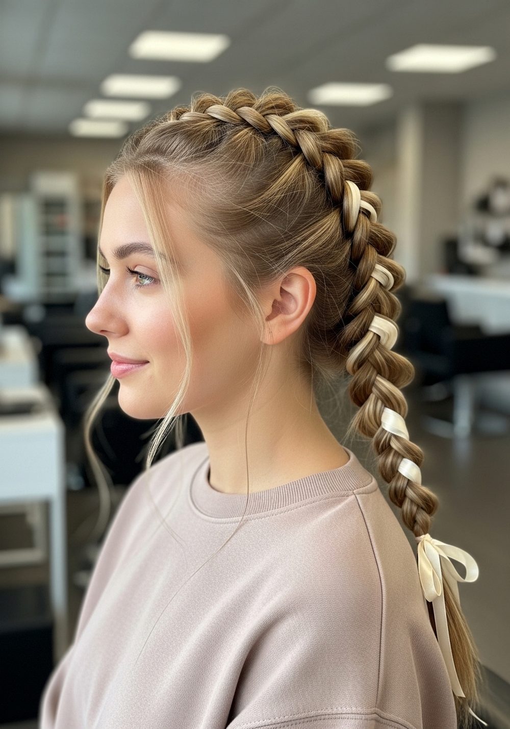Ribbon-Wrapped French Braid Hairstyle