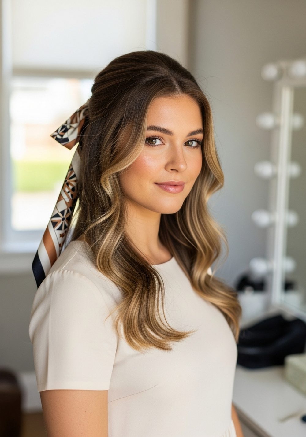 Romantic Ribbon-Scarf Waves Hairstyle