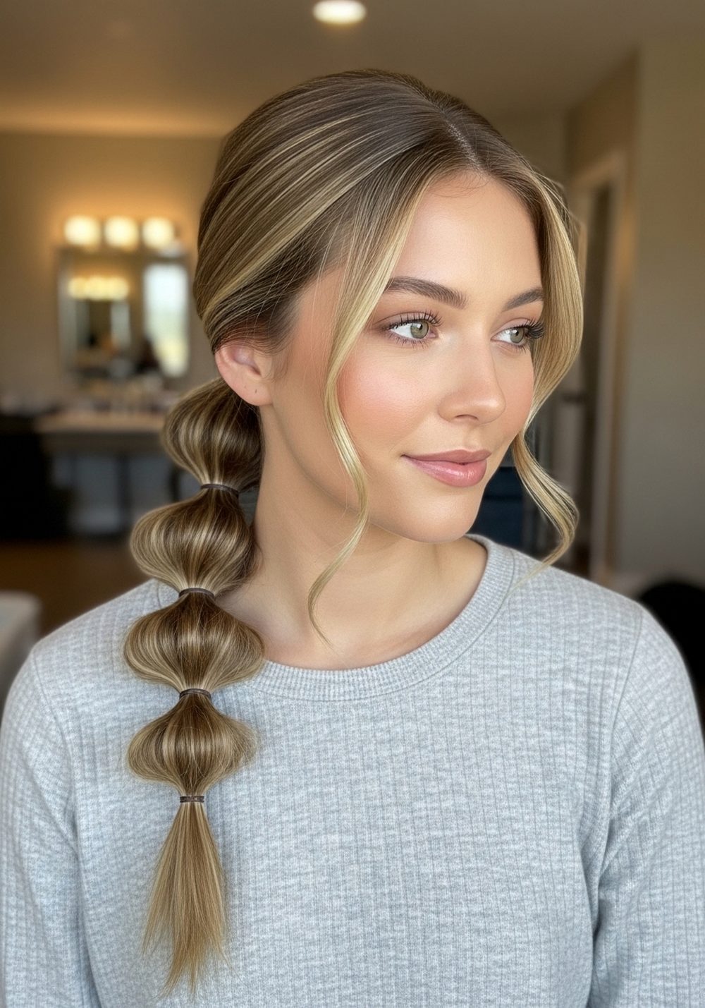 Side-Part Bubble Ponytail Hairstyle