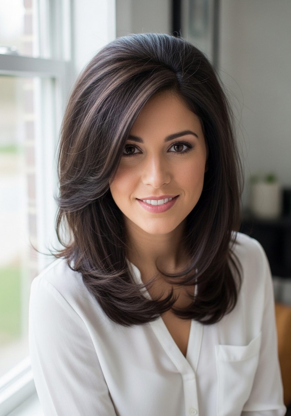 Side Part Volume Espresso Brunette Hairstyle