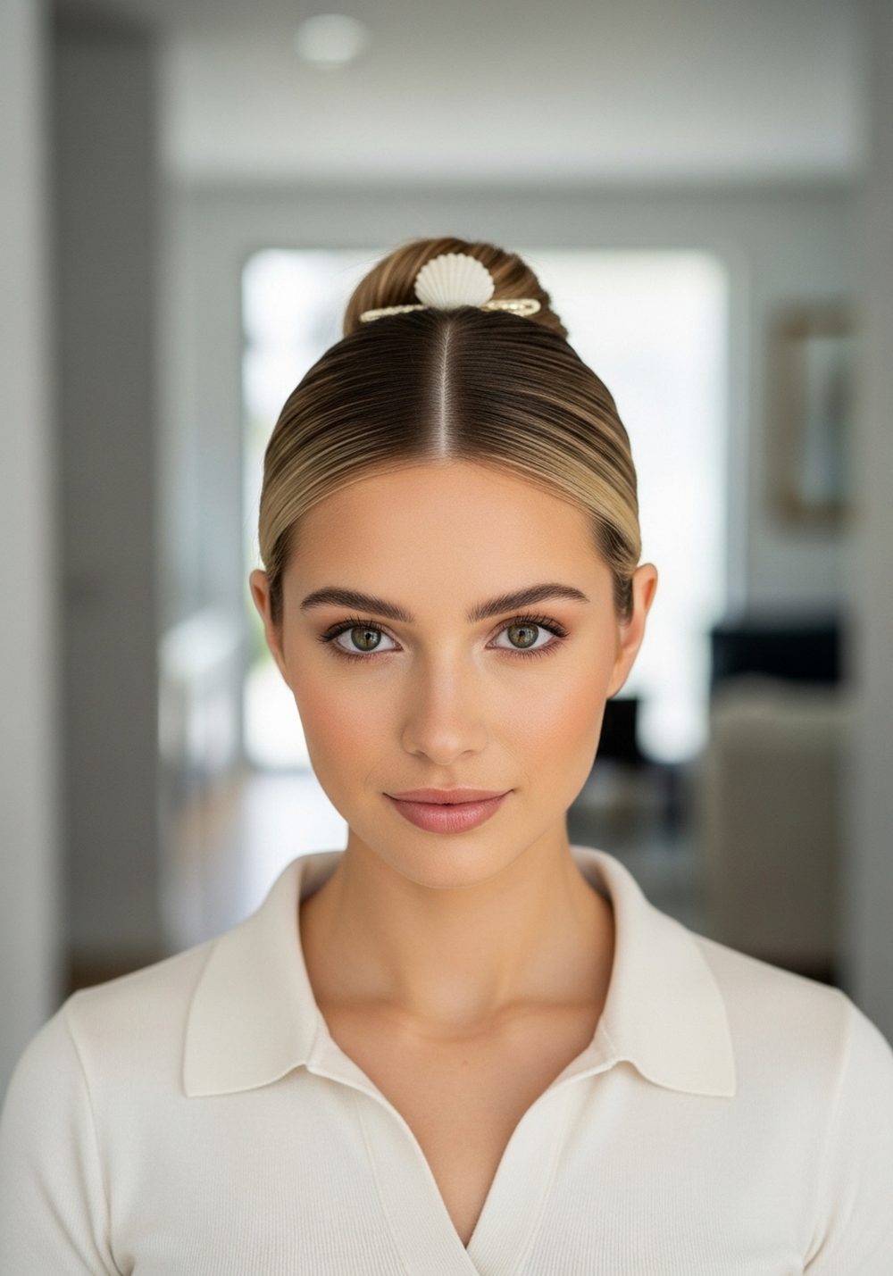 Sleek Center Part Shell Clip Bun Hairstyle