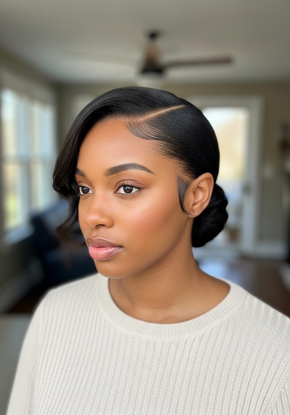 Sleek Low Bun with Side Part Hairstyle