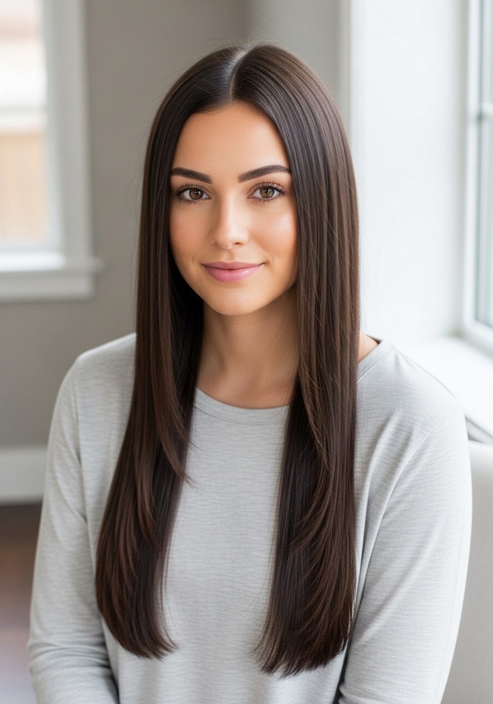 Sleek Middle Part Espresso Brunette Hairstyle