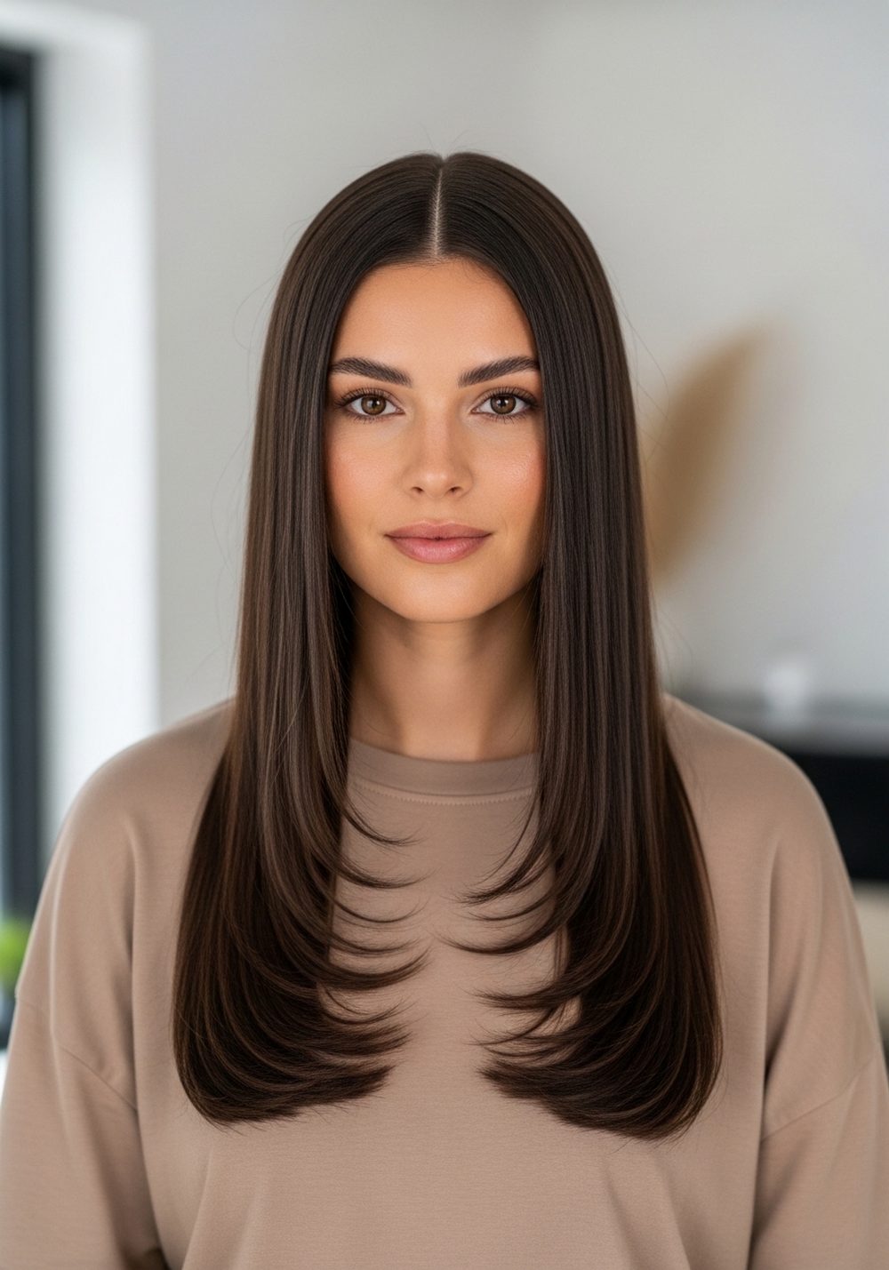 Straight Glass Finish Espresso Brunette Hairstyle