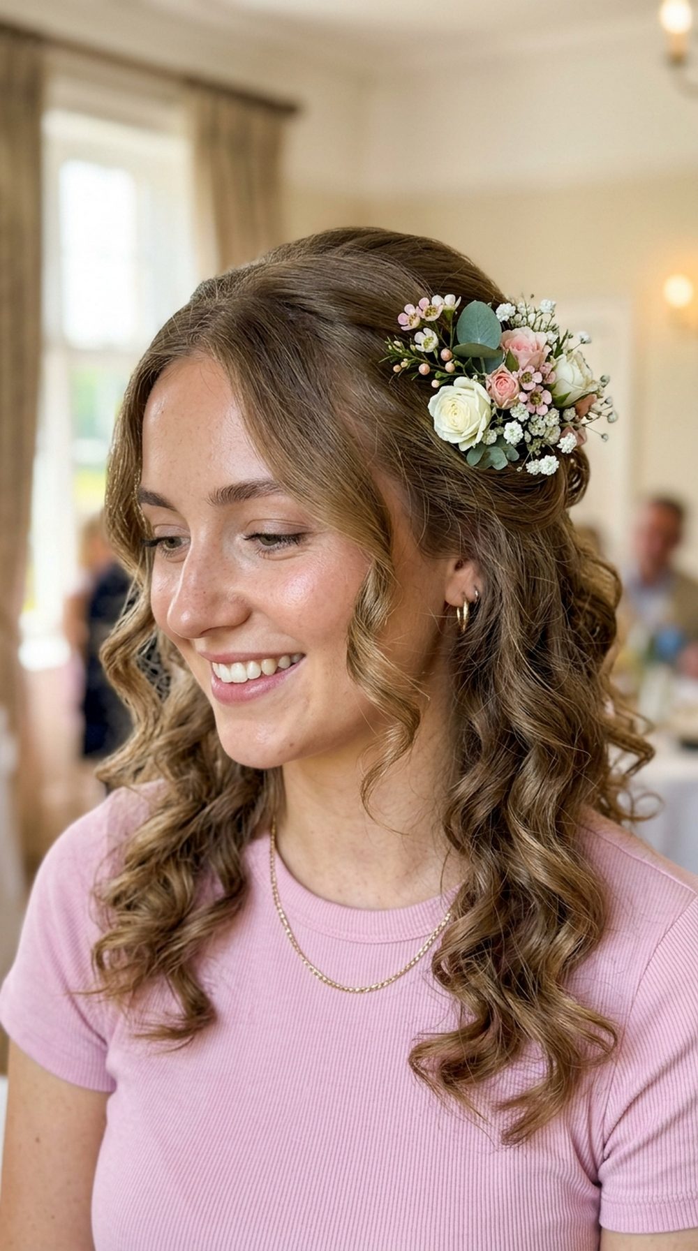 Floral Pin Soft Curl Hairstyle