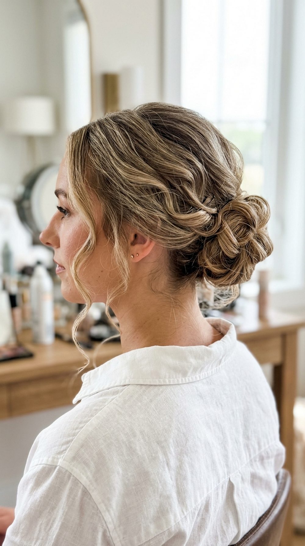 Loose Low Bun with Curled Tendrils Hairstyle