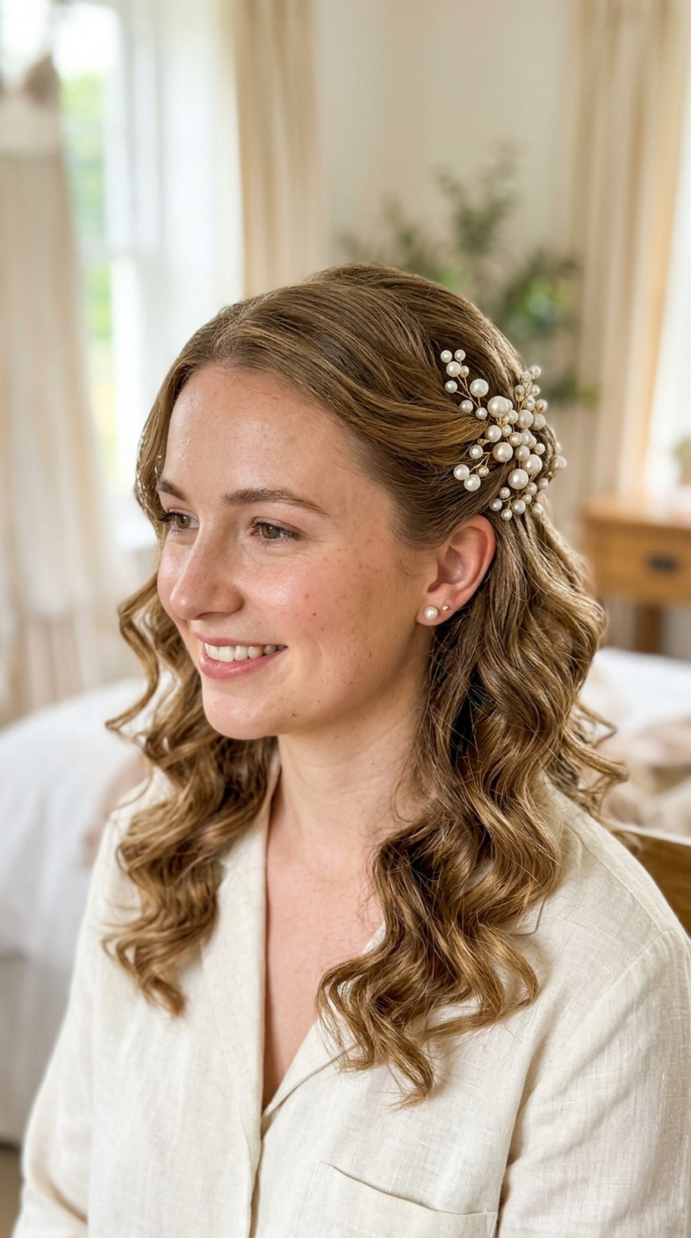 Pearl-Detail Soft Curl Hairstyle