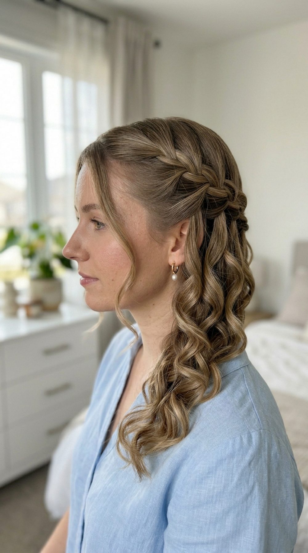 Soft Curl Waterfall Braid Hairstyle