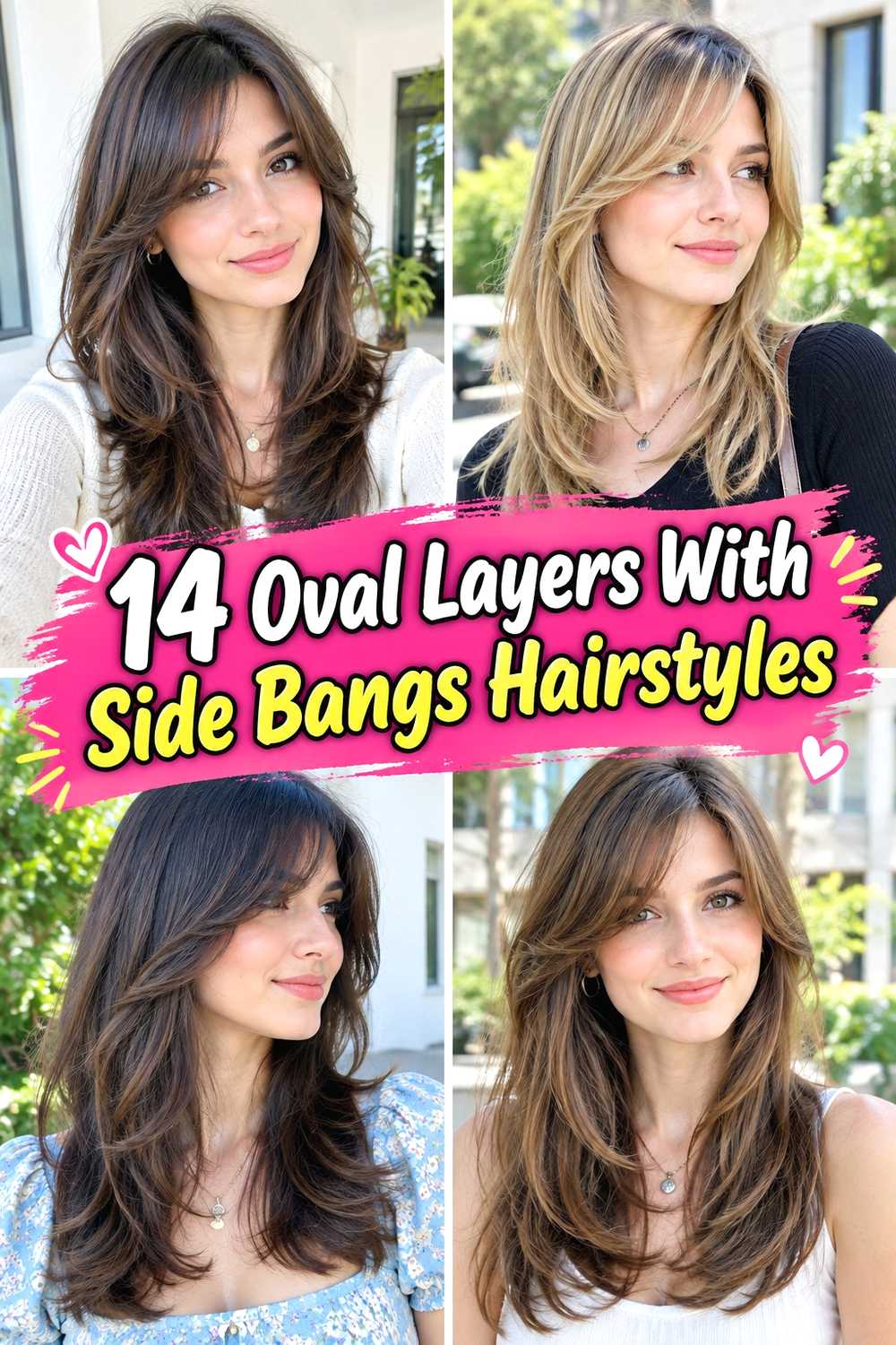 Create an ultra-realistic photo of a beautiful young woman with “Classic Oval Layers With Side Bangs Hairstyle” hairstyle, keeping the full focus on the hairstyle with clearly visible hair texture, shine, volume, and natural strands, and make the image look like it was taken with an iPhone 15 Pro Max using bright natural light, sharp focus, realistic skin details, soft background blur, and true-to-life colors, with no artificial or obvious AI look; add the text “Classic Oval Layers With Side Bangs Hairstyle” on the image as a very prominent, bold, stylish, modern headline in a Pinterest-friendly viral design, making it highly eye-catching and easy to read without covering the hairstyle.