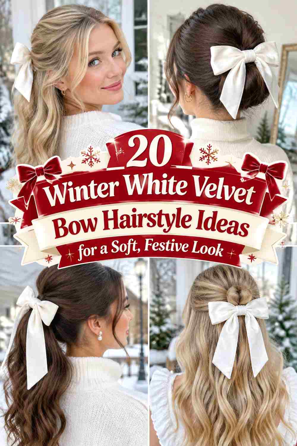 20 Winter White Velvet Bow Hairstyle Ideas for a Soft, Festive Look
