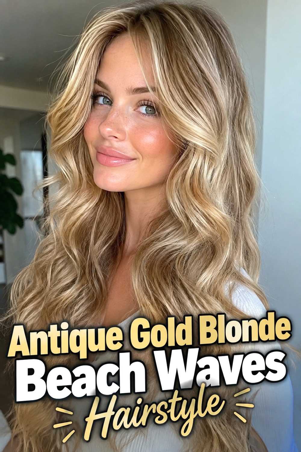11. Antique Gold Blonde Beach Waves Hairstyle