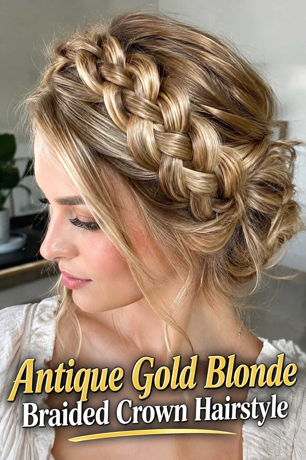 20. Antique Gold Blonde Braided Crown Hairstyle