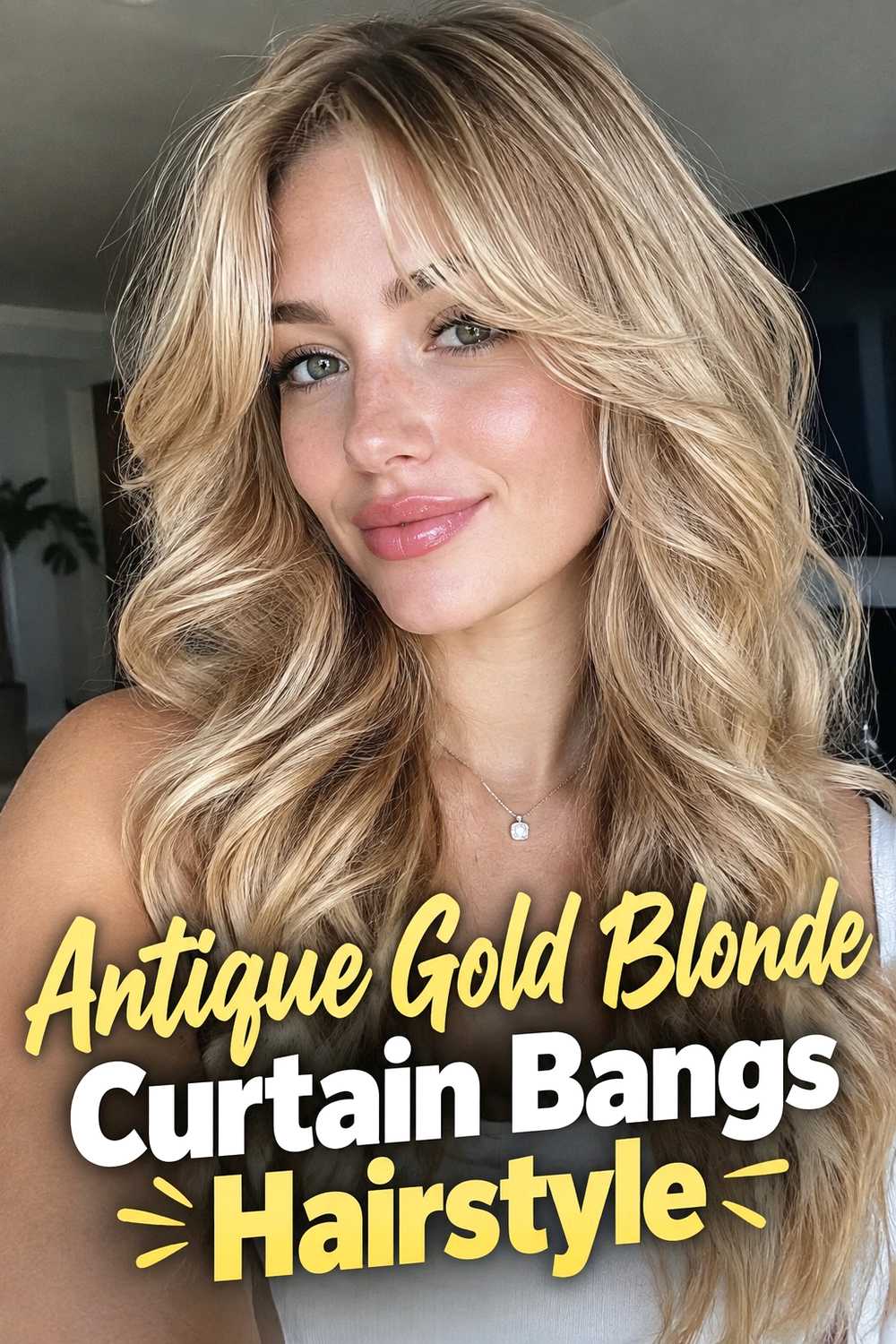 6. Antique Gold Blonde Curtain Bangs Hairstyle