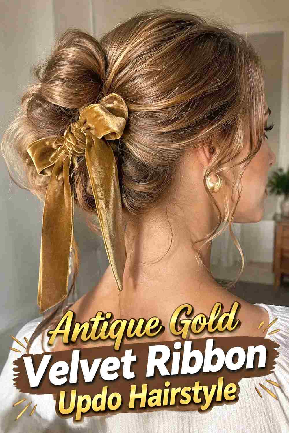 9. Antique Gold Velvet Ribbon Updo Hairstyle