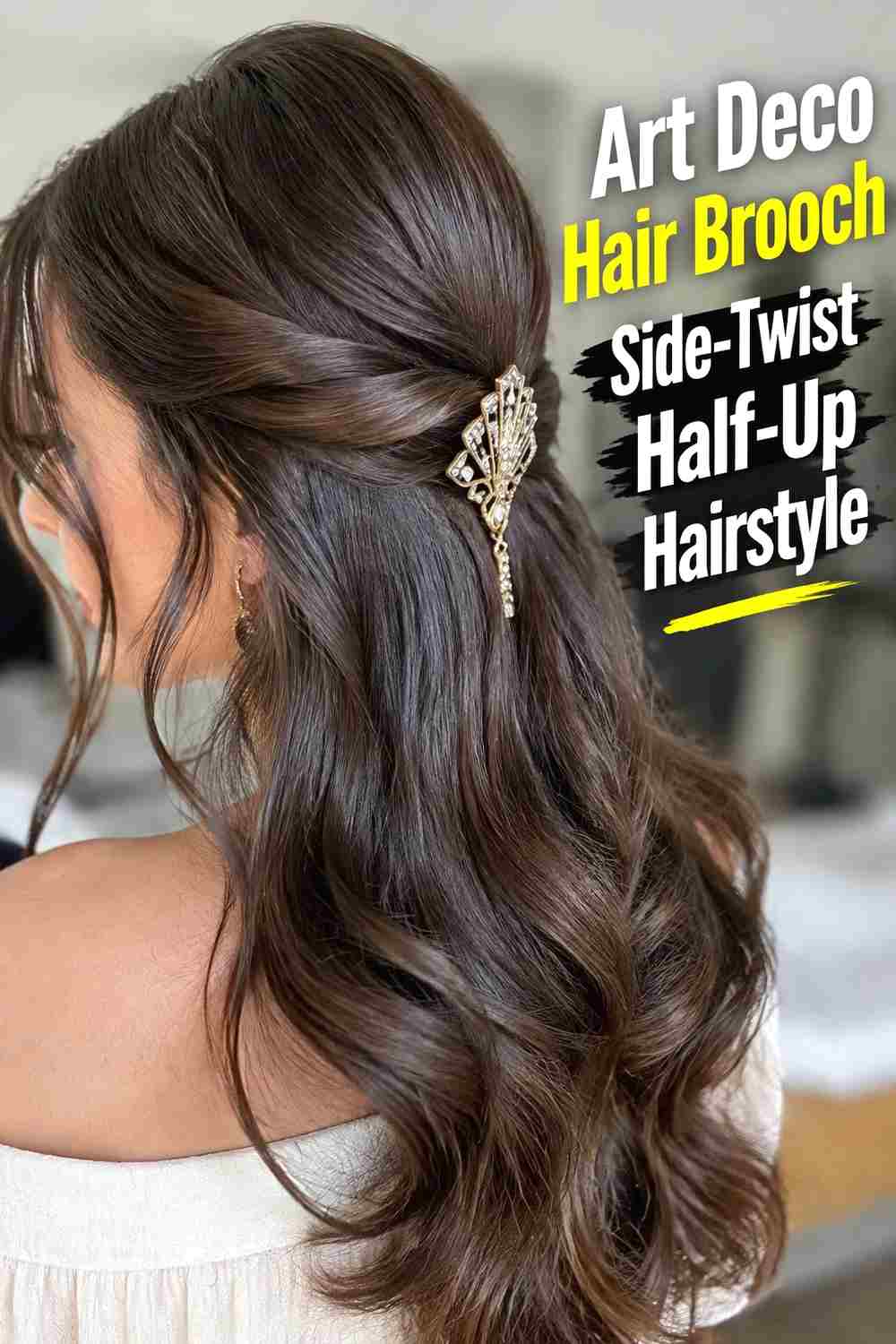10. Art Deco Hair Brooch Side Twist Half Up Hairstyle