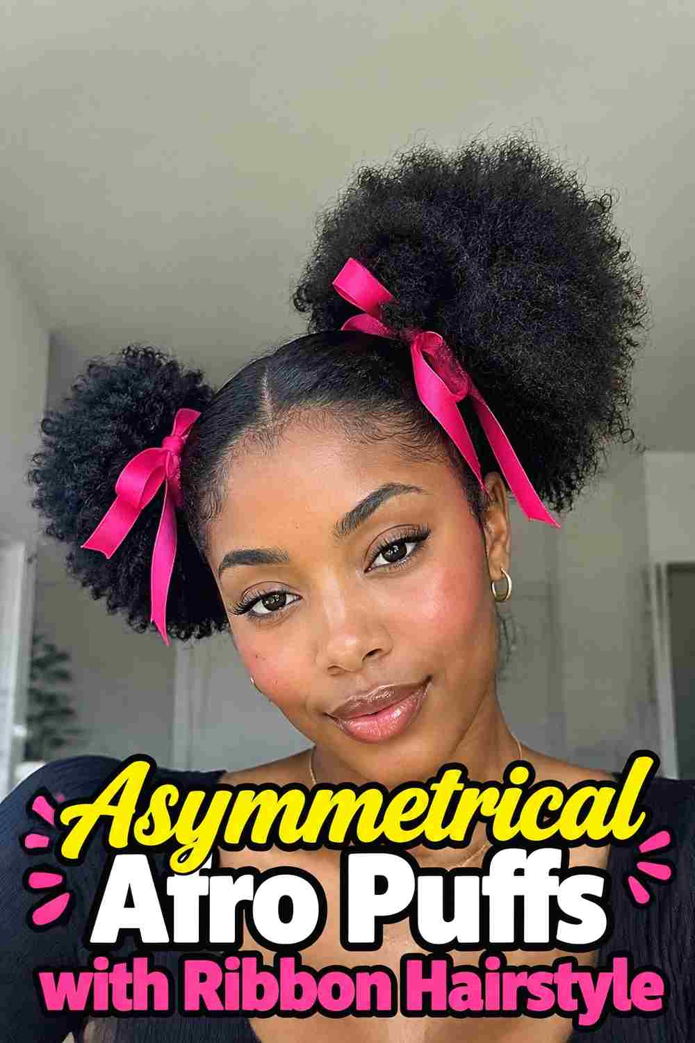 12. Asymmetrical Afro Puffs With Ribbon Hairstyle