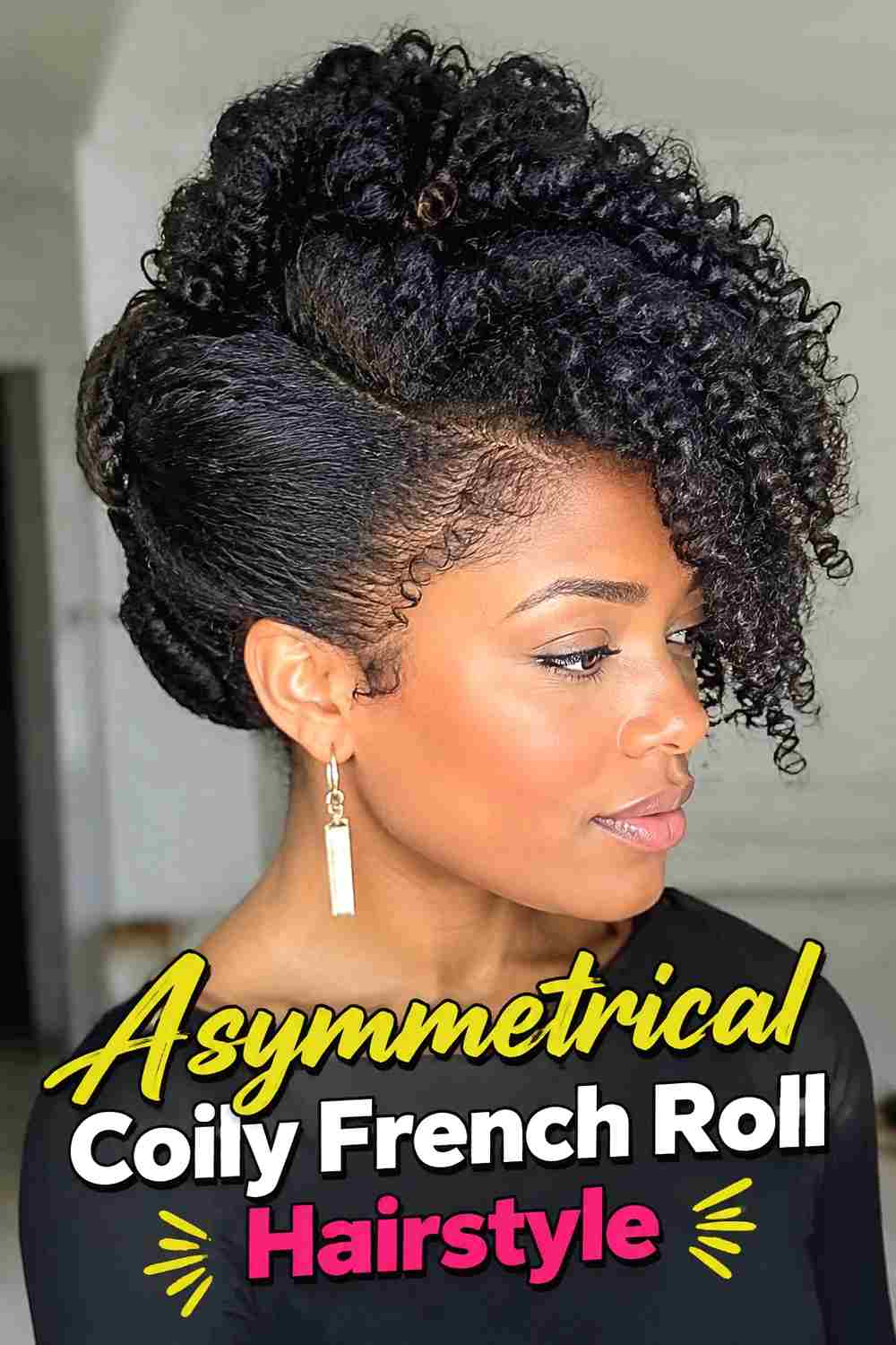 13. Asymmetrical Coily French Roll Hairstyle