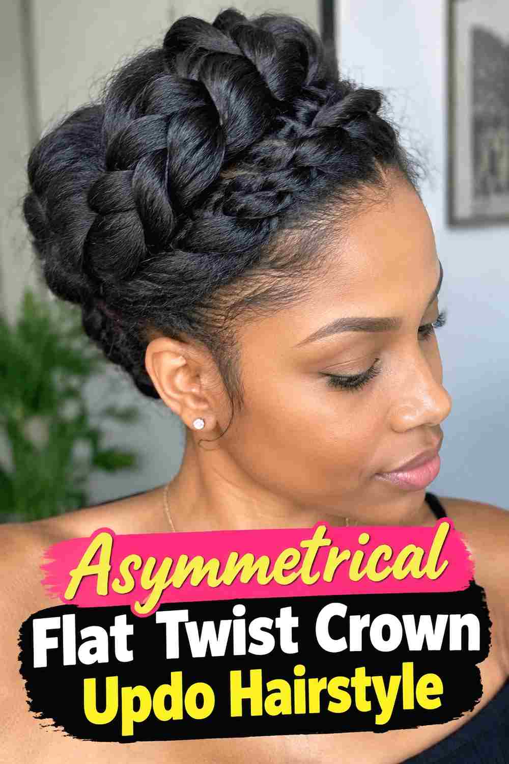 8. Asymmetrical Flat Twist Crown Updo Hairstyle
