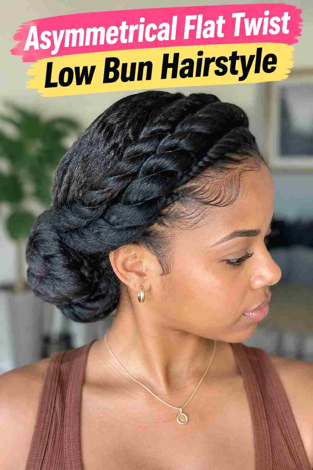 6. Asymmetrical Flat Twist Low Bun Hairstyle