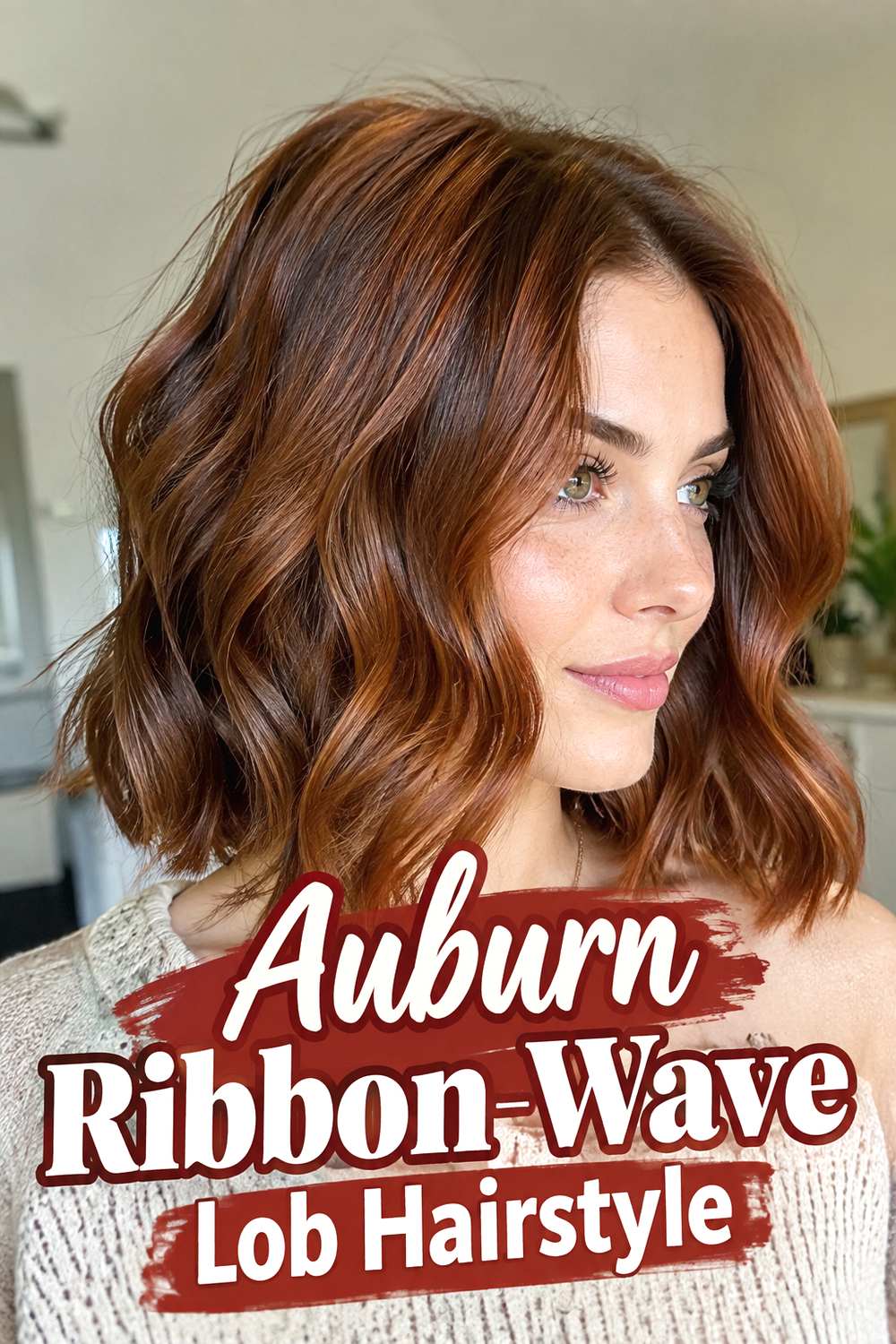 Auburn Ribbon-Wave Lob Hairstyle