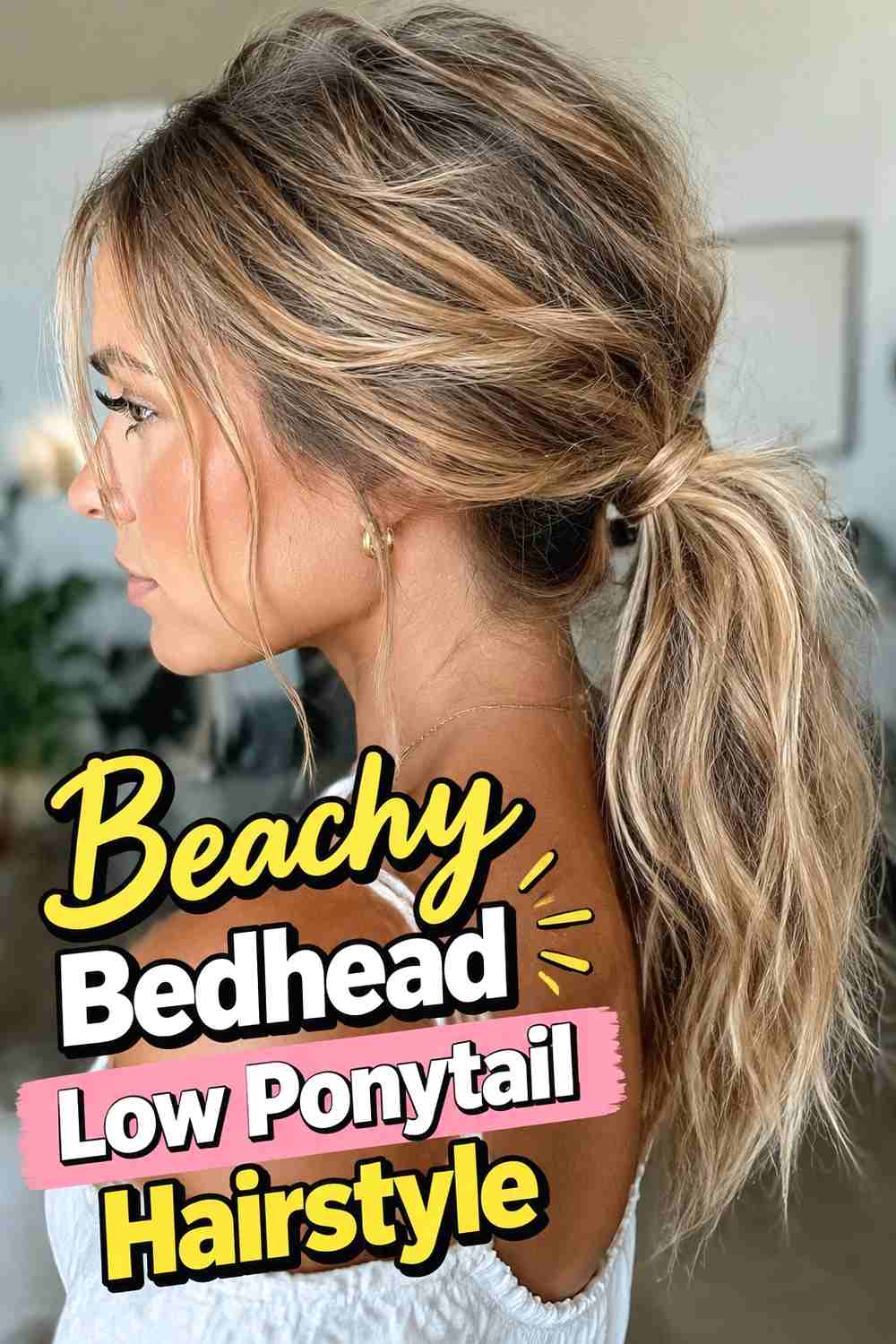 14. Beachy Bedhead Low Ponytail Hairstyle