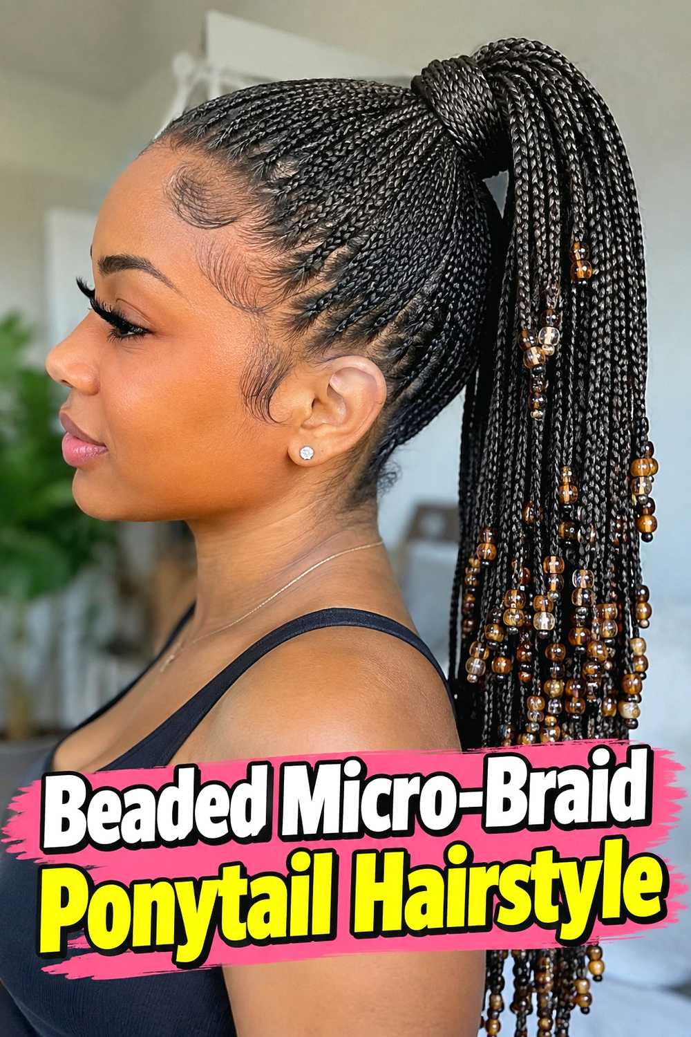 9. Beaded Micro Braid Ponytail Hairstyle