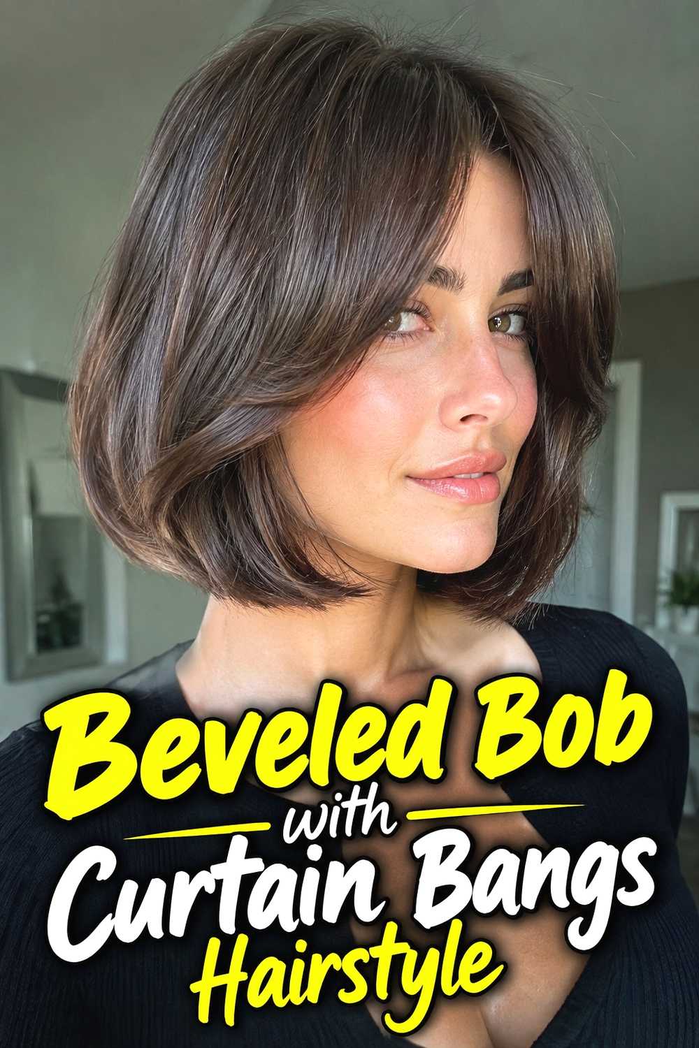 9. Beveled Bob With Curtain Bangs Hairstyle