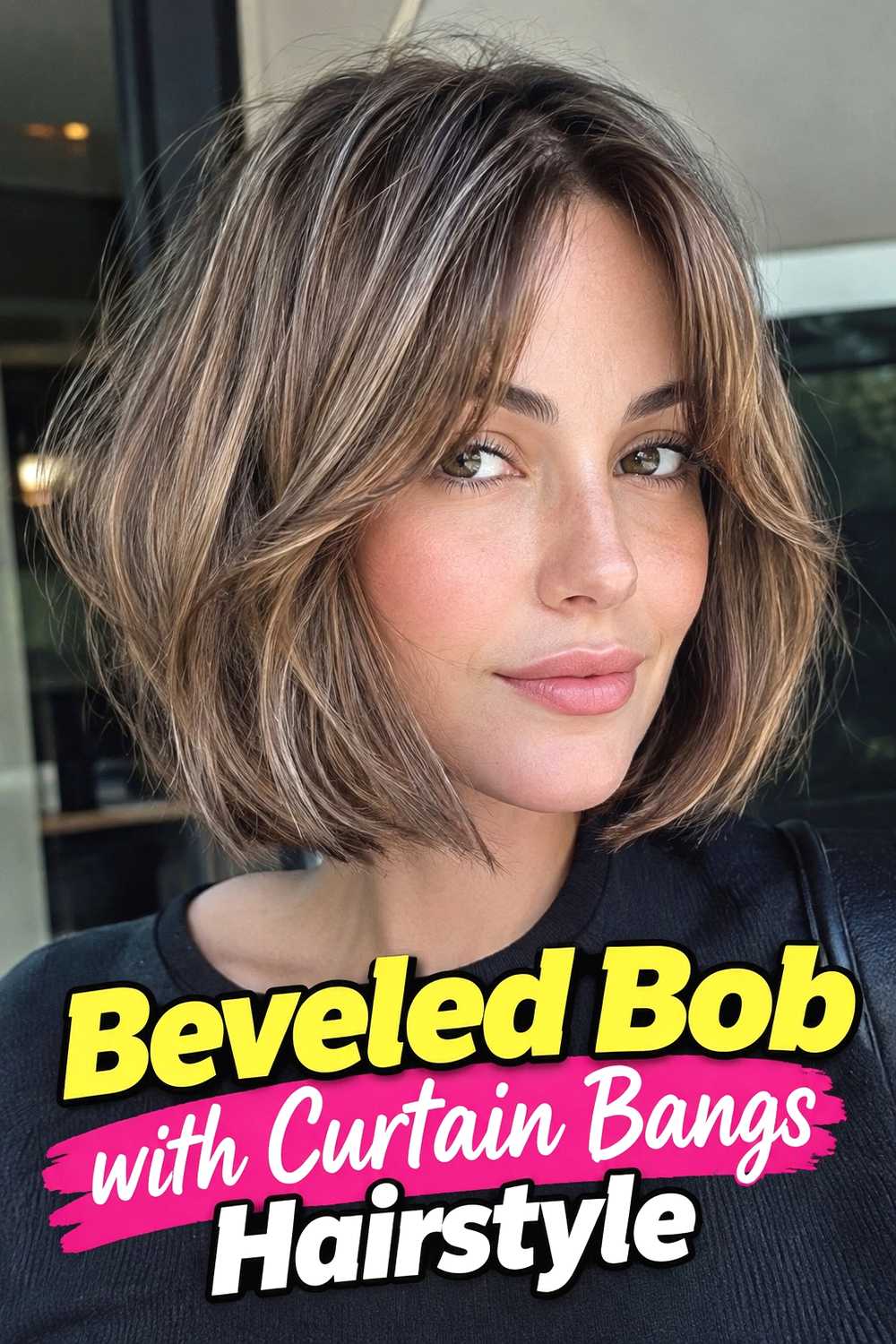8. Beveled Bob With Curtain Bangs Hairstyle