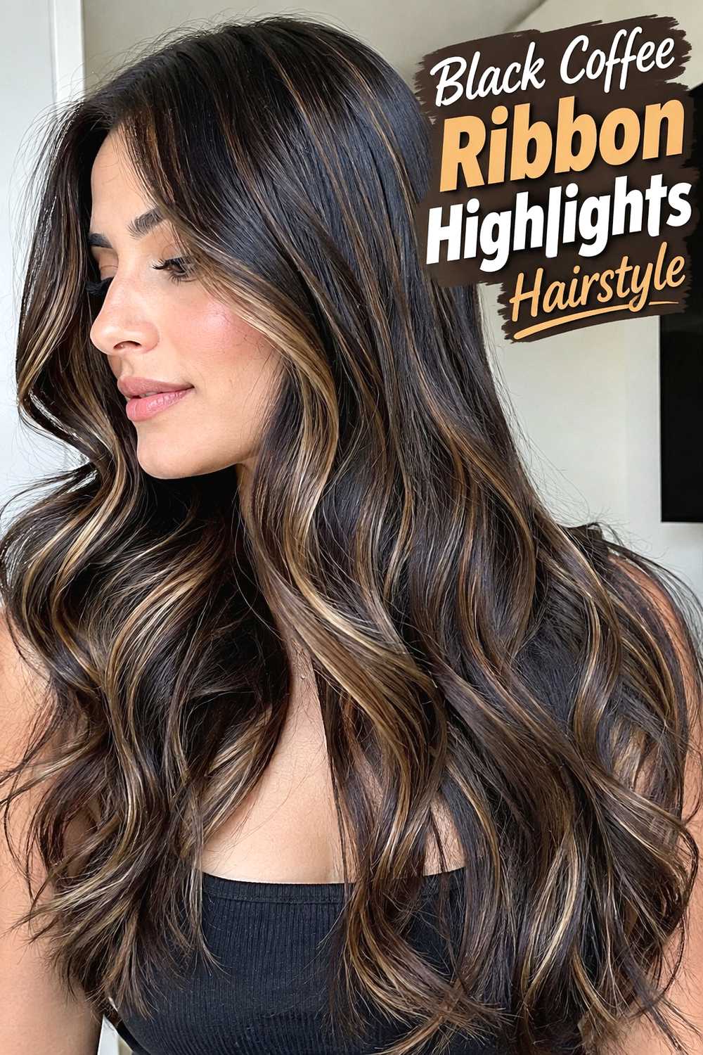 7. Black Coffee Ribbon Highlights Hairstyle