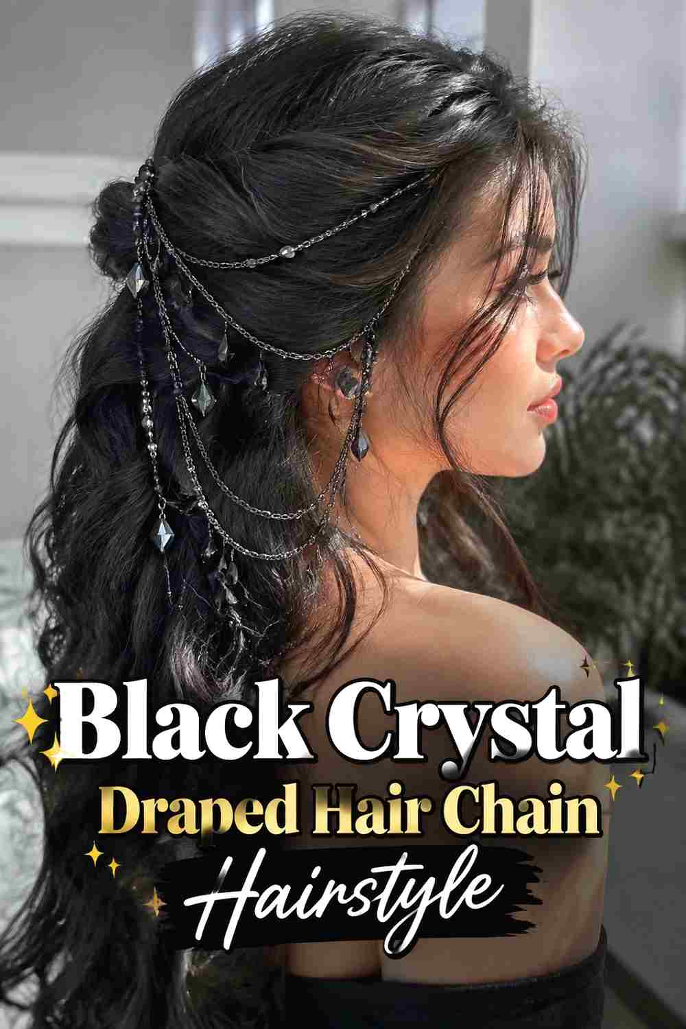 8. Black Crystal Draped Hair Chain Hairstyle