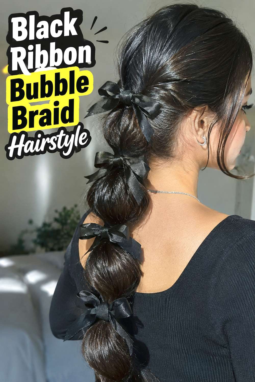 Black Ribbon Bubble Braid Hairstyle